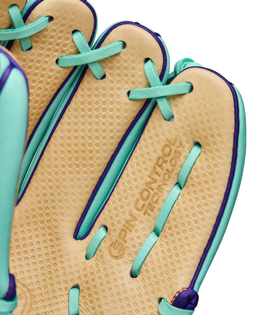Baseball glove back close-up with blonde finger areas and seafoam lacing