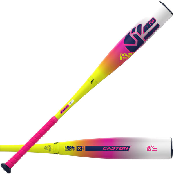 USSSA baseball bat with yellow-to-pink gradient, Easton logo, black knob and grip