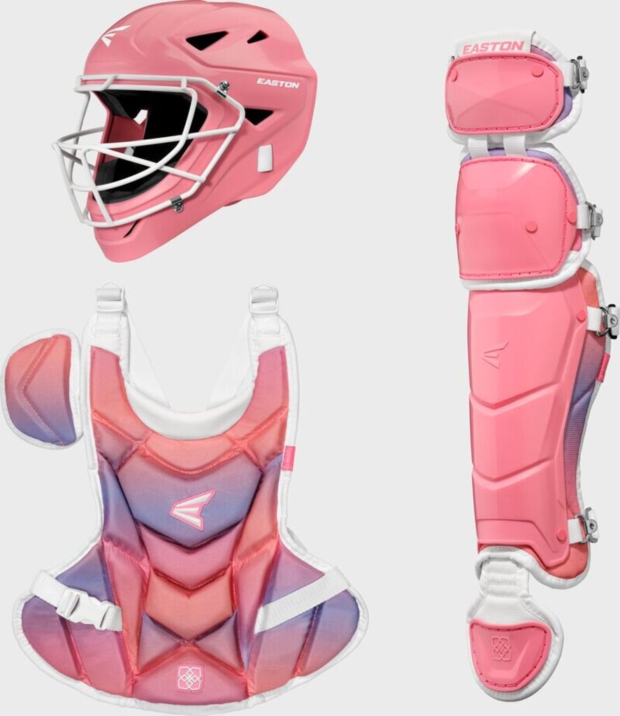 Pink youth catcher gear set: helmet, chest protector, and leg guards