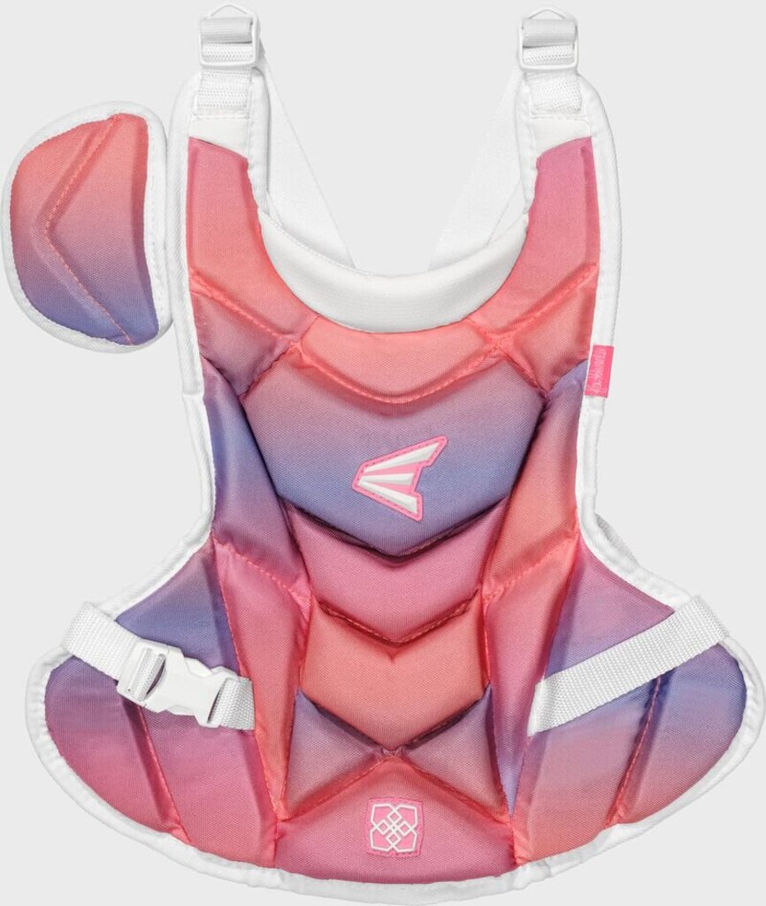 Pink and blue youth chest protector with white arm straps