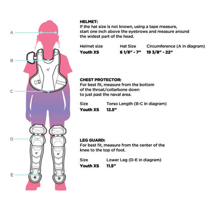 Youth catcher gear set size chart diagram for helmet and protective gear