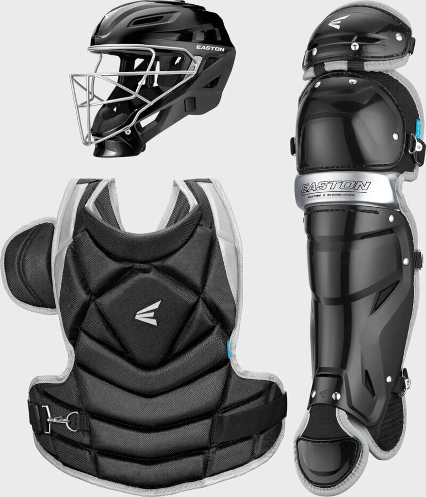 Fastpitch catcher set in black with helmet, chest protector, and leg guards.