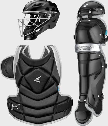 Fastpitch catcher set in black with helmet, chest protector, and leg guards.