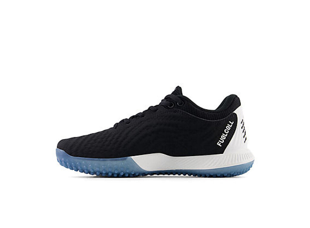 Women's black turf shoe side view, FuelCell text on heel and blue outsole