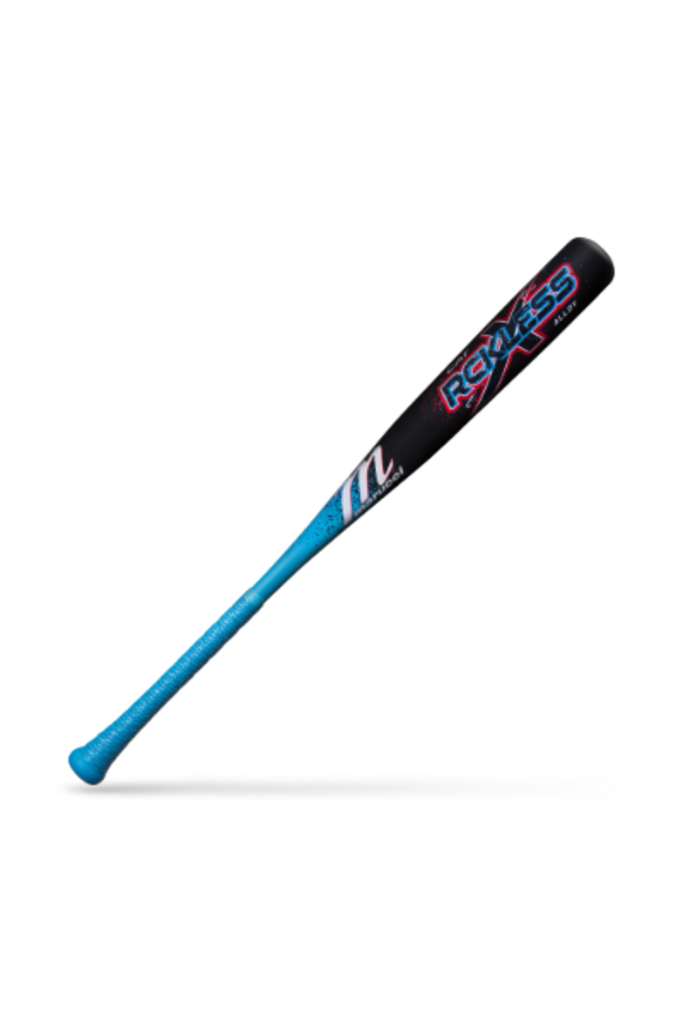 Baseball bat with blue barrel and black handle, red CatX and RCKLESS graphics