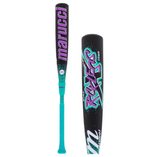 Black USSSA composite baseball bat with purple and teal graphics, full length