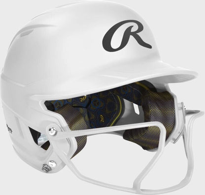 Rawlings white fastpitch batting helmet with side profile and face guard