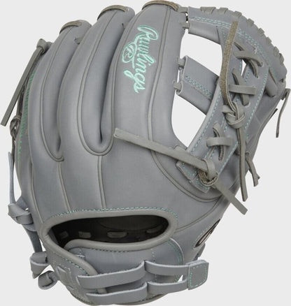 Fastpitch softball glove, light grey leather with mint green logos and web, grey adjustable wrist strap.