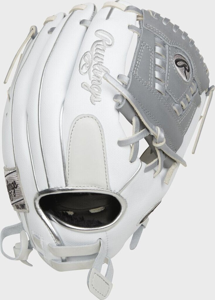 Fastpitch softball glove in white and gray with dark pocket, side opening view