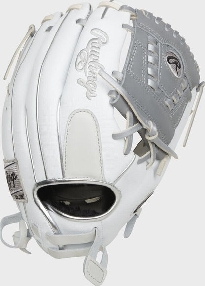 Fastpitch softball glove in white and gray with dark pocket, side opening view