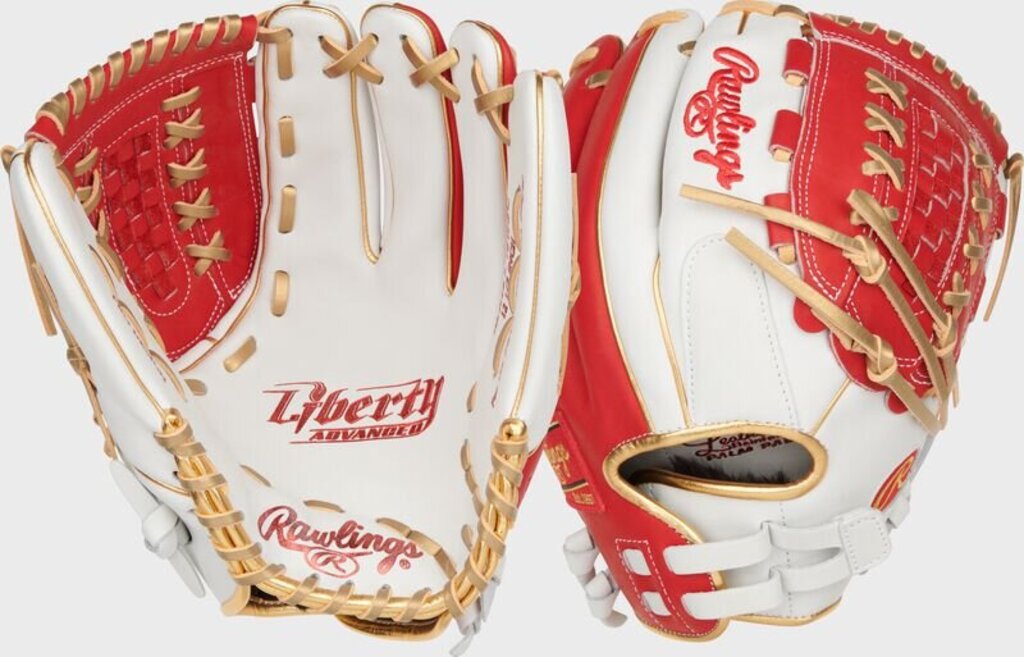 Rawlings Liberty fastpitch softball glove, red and white with tan lacing and web