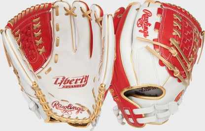 Rawlings Liberty fastpitch softball glove, red and white with tan lacing and web