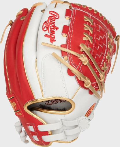 Rawlings Liberty fastpitch softball glove, red face, white back, tan web and laces
