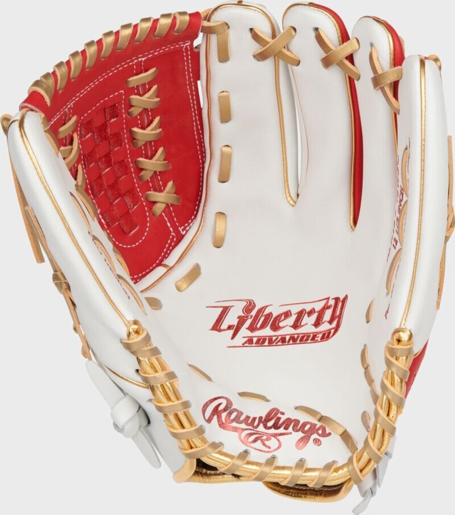 Rawlings Liberty fastpitch softball glove, white palm with red pocket, tan lacing