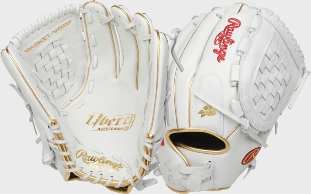 Pair of white and gold fastpitch softball gloves with basket web and lace trim