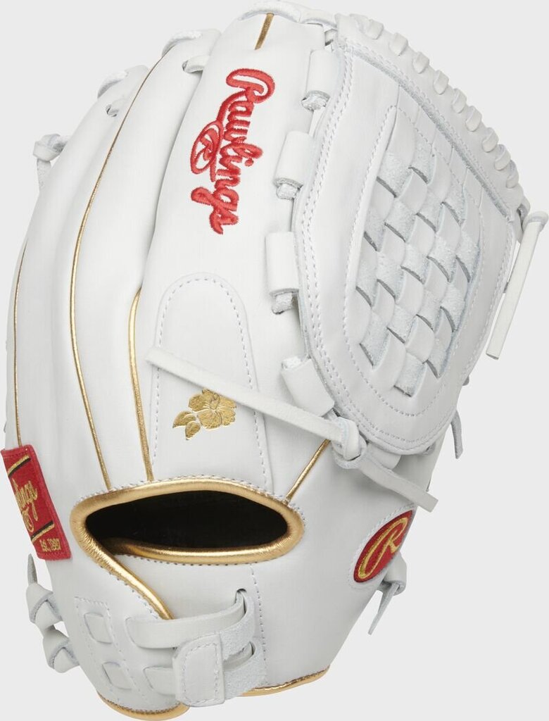 White and gold fastpitch softball glove with red logo accents and tan pocket lining