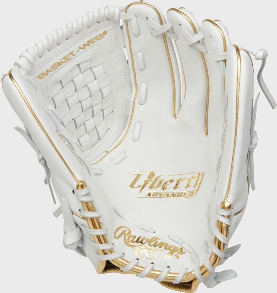 White and gold fastpitch softball glove with woven web, gold laces, and tan palm