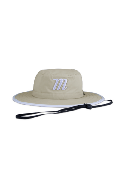 Marucci wide-brim boonie hat, tan with blue M logo and black tie strap
