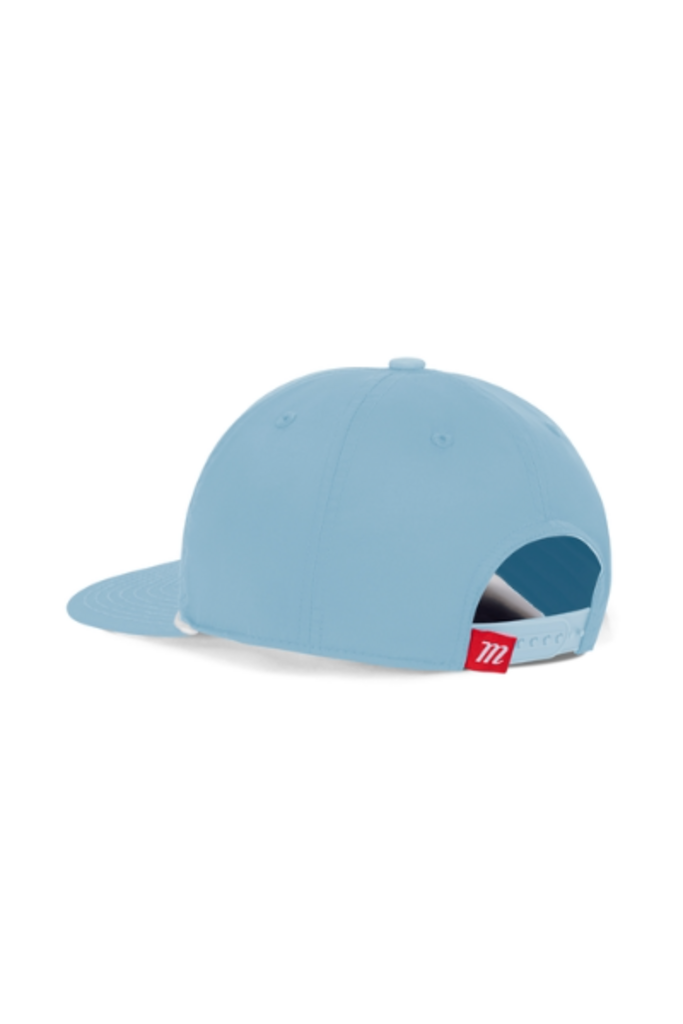 Light blue Marucci snapback hat, side view with interior brand patch