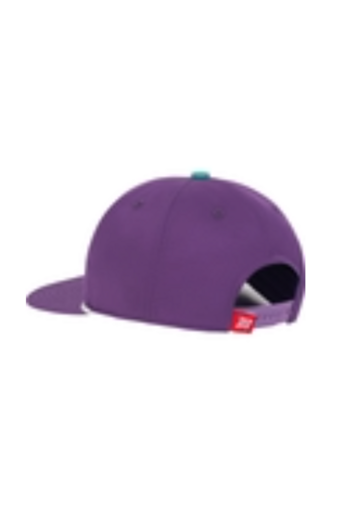 Purple Marucci snapback hat, side view with interior patch