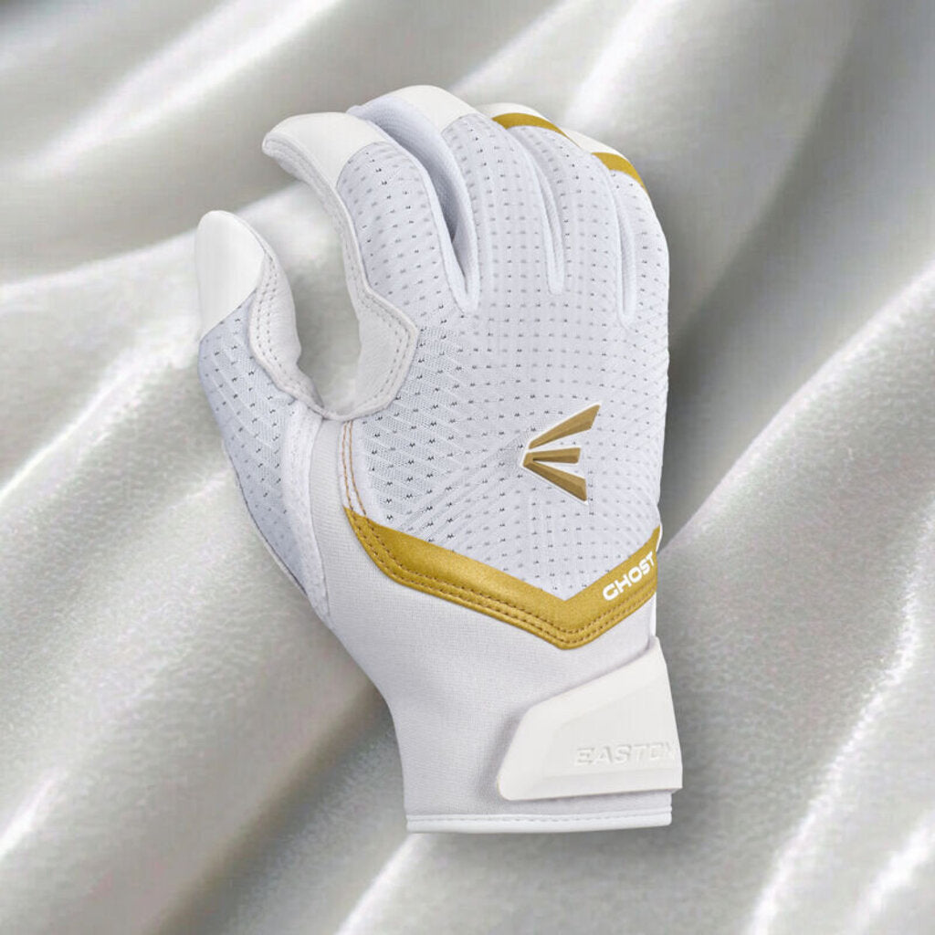 White fastpitch batting gloves with perforated back and gold accent