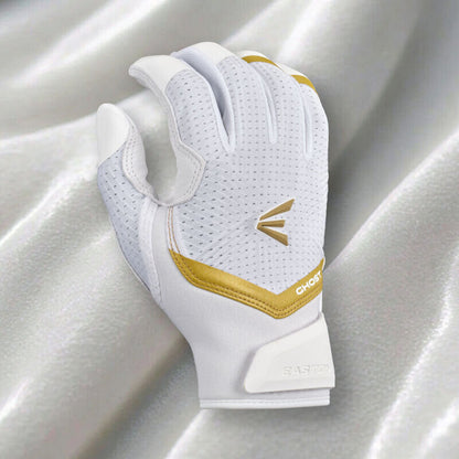 White fastpitch batting gloves with perforated back and gold accent