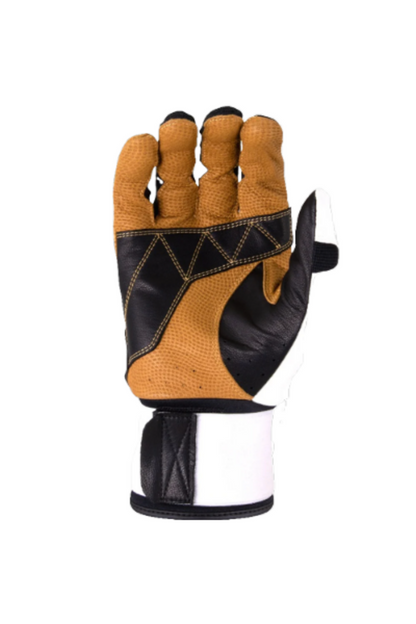 Full-wrap batting gloves, tan back with black palm and white wrist