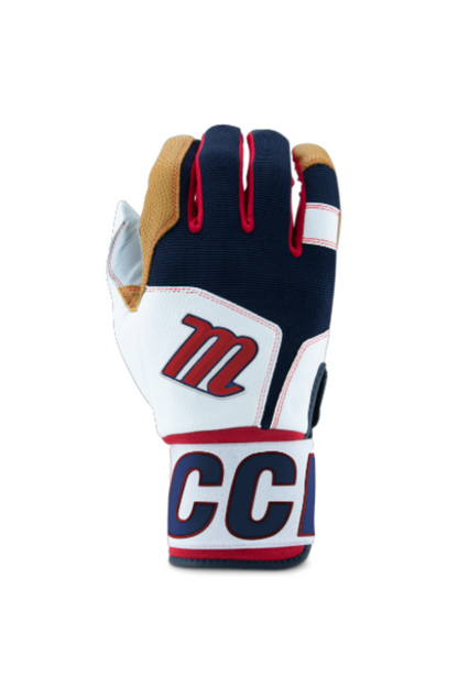 Full-wrap batting gloves, tan and navy with red lace accents and white logos