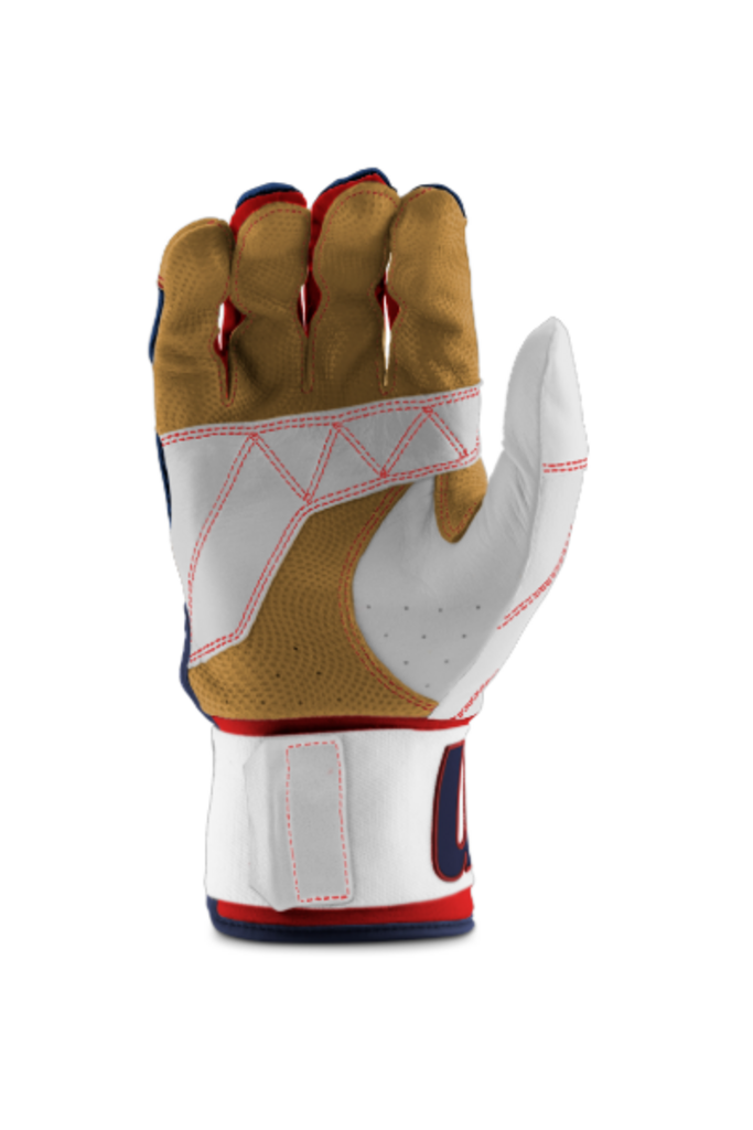 Full-wrap batting gloves with tan and white palm, black back, and red stitching