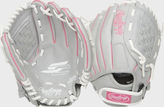 Youth fastpitch softball glove, grey 10-inch, pink lacing and web