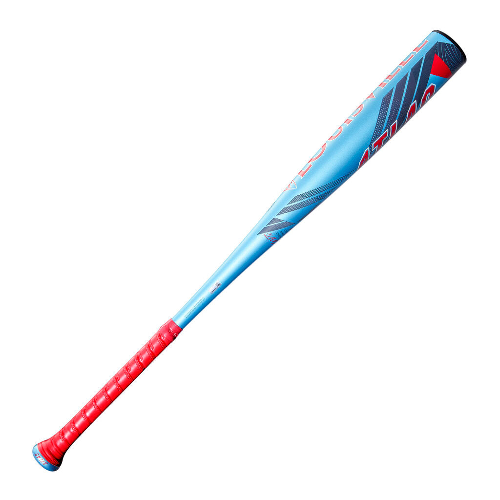 Blue and red baseball bat with Louisville Slugger Atlas graphics, angled barrel section