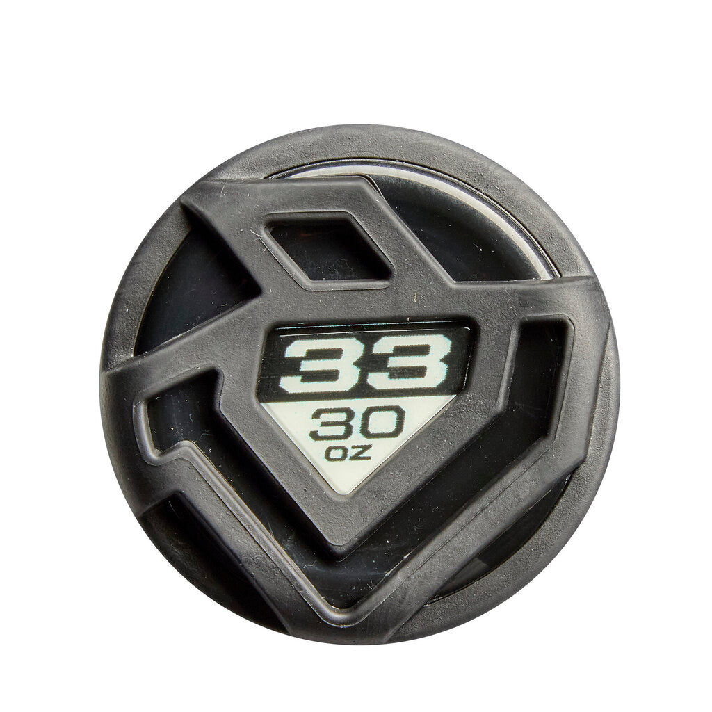 Bat end cap close-up with embossed '33' and '30 oz' markings