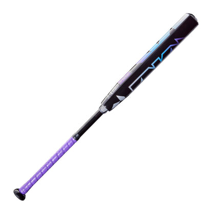 Fastpitch softball bat with purple grip and black barrel, blue star-like pattern
