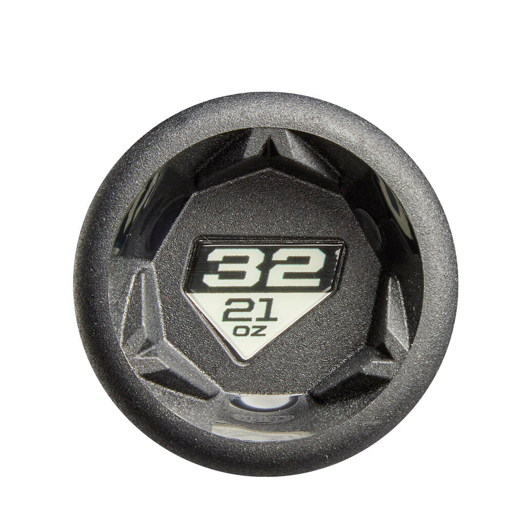 Round bat end cap with '32 21 OZ' marking and textured star-like design