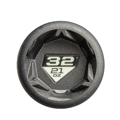 Round bat end cap with '32 21 OZ' marking and textured star-like design