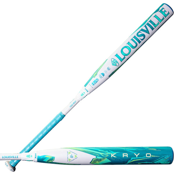 White and teal Louisville Slugger fastpitch softball bat with barrel branding