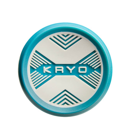 Softball bat end plug with KRYO text and teal ring design