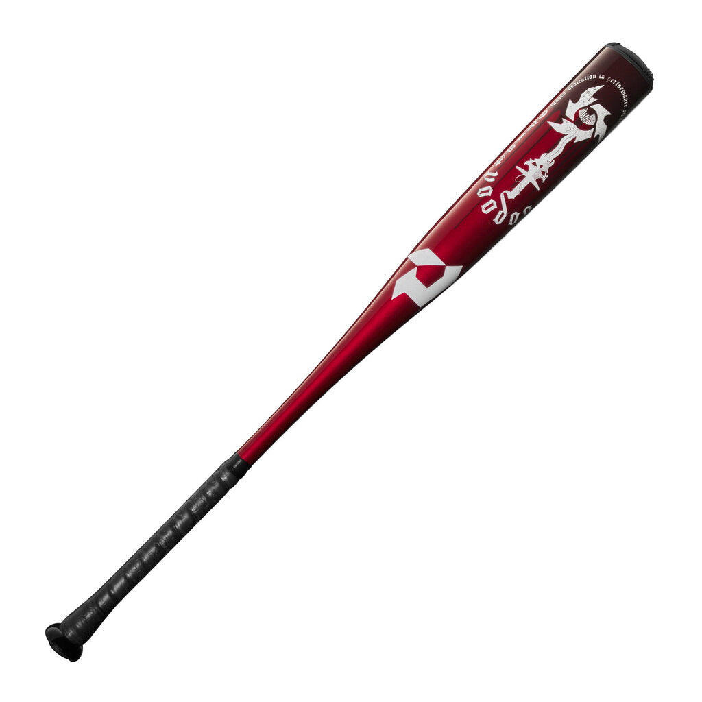 Red-and-white BBCOR baseball bat with black handle and silver logo graphics