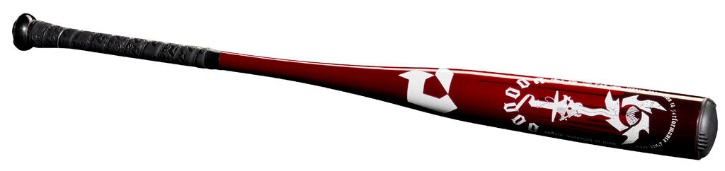 Red-and-white BBCOR baseball bat close-up with white logo decals on barrel