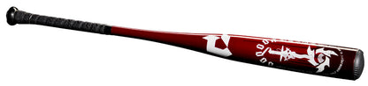 Red-and-white BBCOR baseball bat close-up with white logo decals on barrel