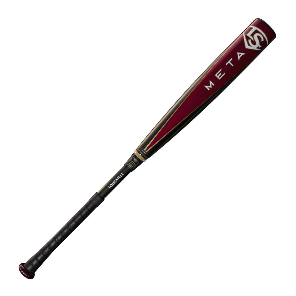 Louisville Slugger META BBCOR bat, black barrel with red stripe and META brand on handle