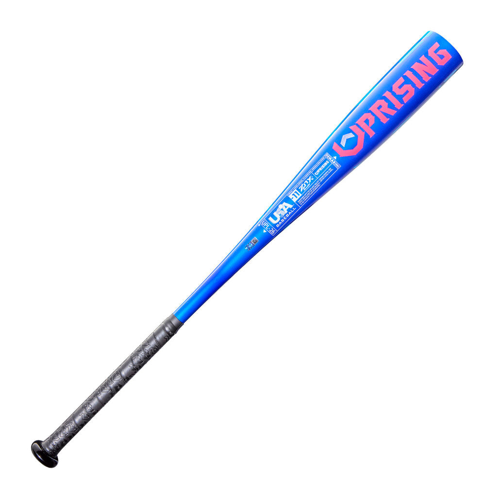 Baseball bat with blue barrel branding and pink/red angled design