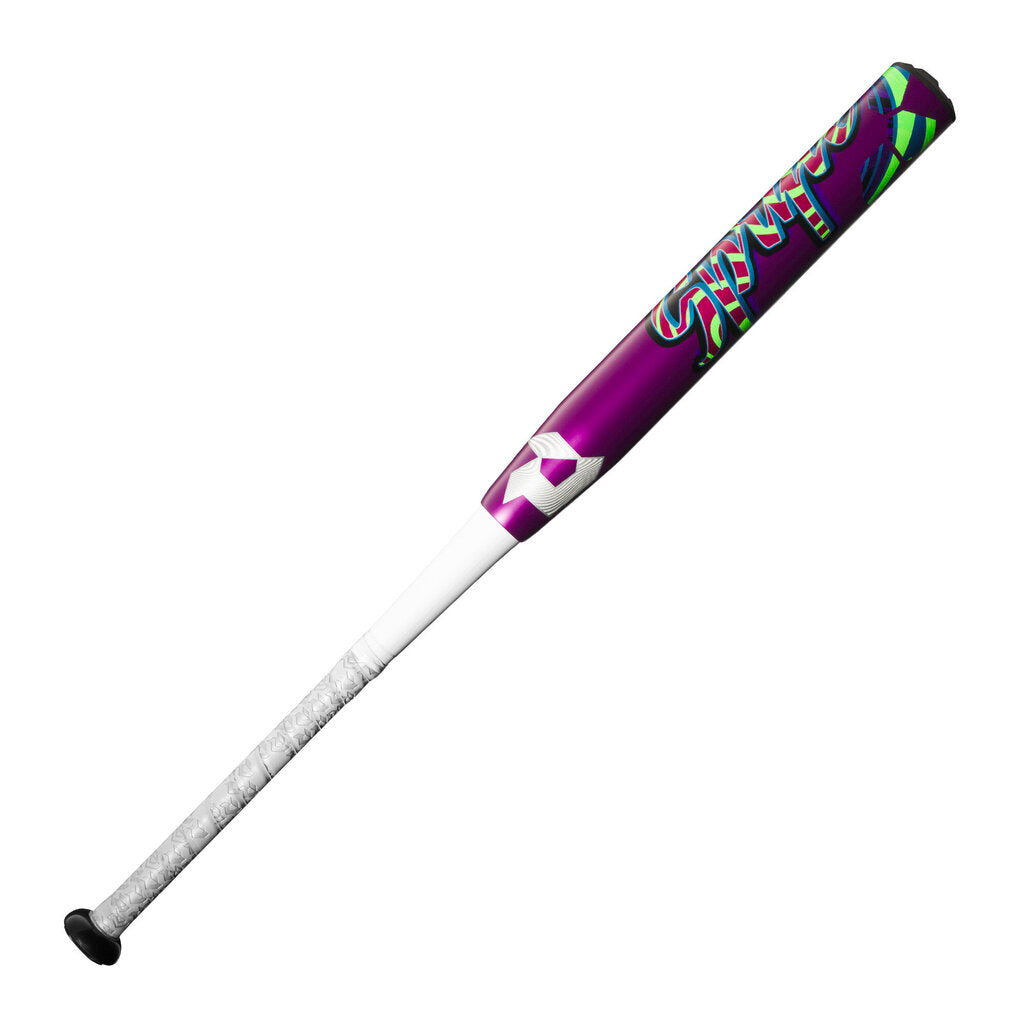 Purple fastpitch softball bat with white grip and colorful graphic barrel