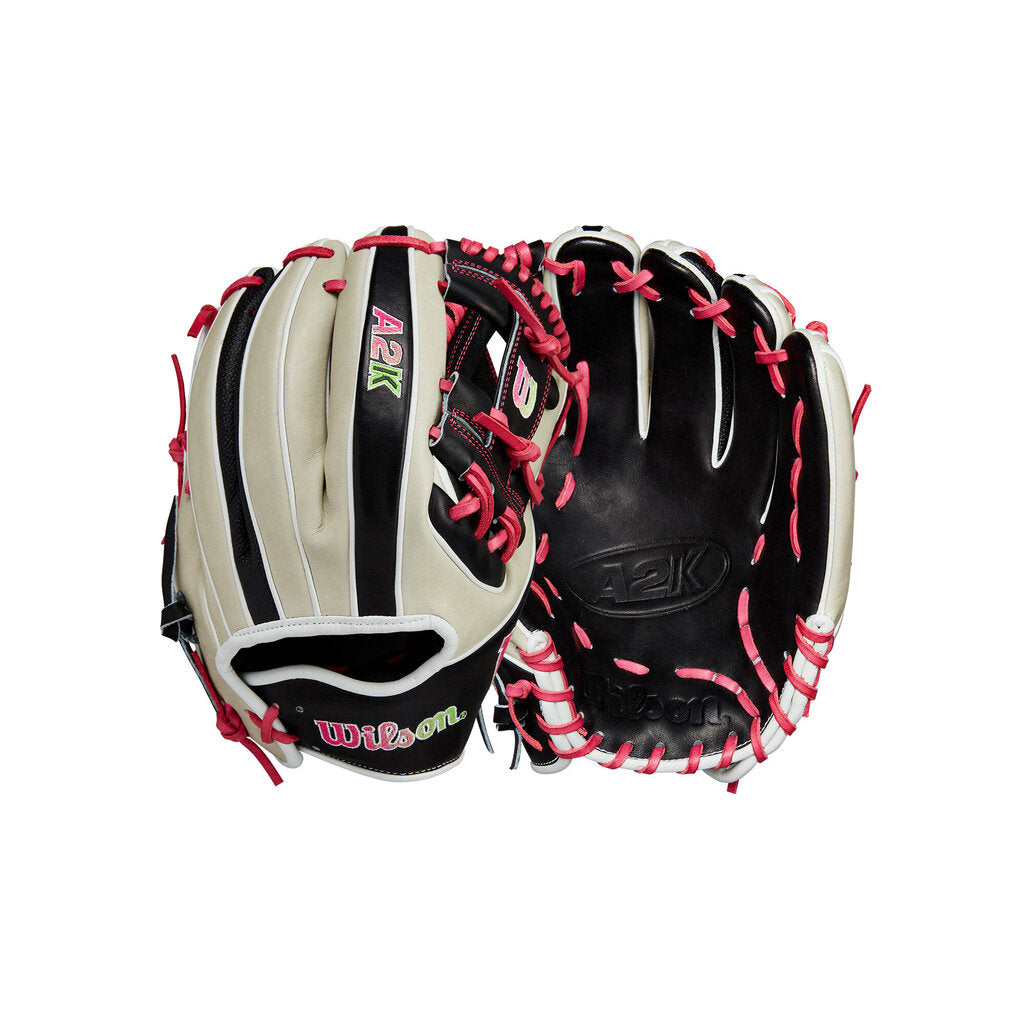 Wilson A2K baseball glove, grey/black with pink lacing, RHT, 11.75".