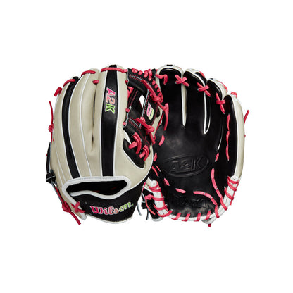 Wilson A2K baseball glove, grey/black with pink lacing, RHT, 11.75".