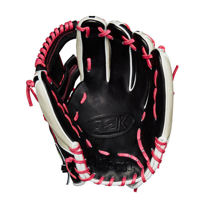 Wilson A2K baseball glove, black with pink webbing and grey lining, RHT.