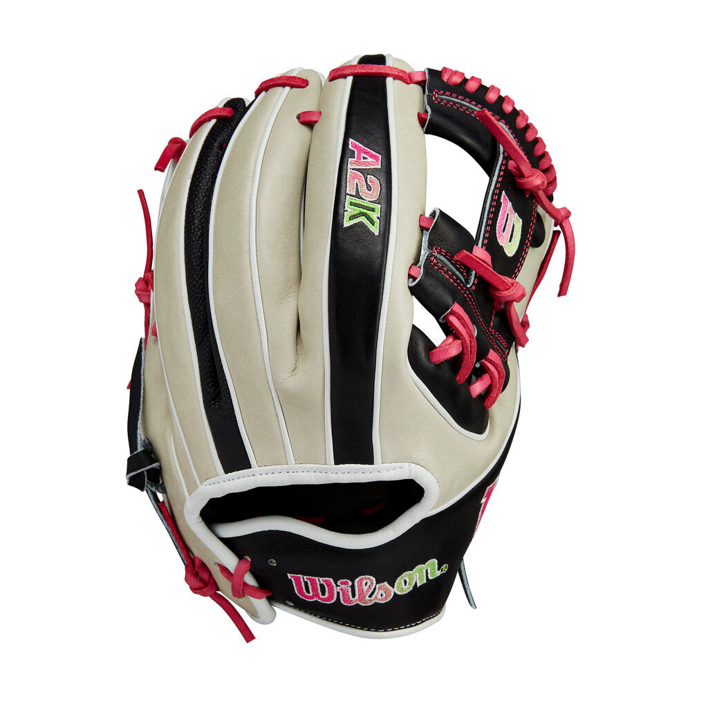 Wilson A2K baseball glove, grey back with black pocket and pink laces, RHT.