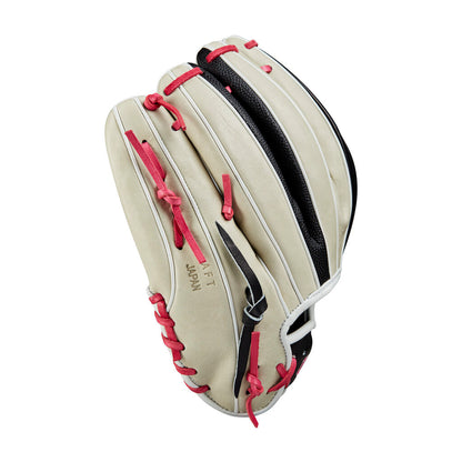 Wilson A2K baseball glove, grey leather with black panels and pink finger stalls.
