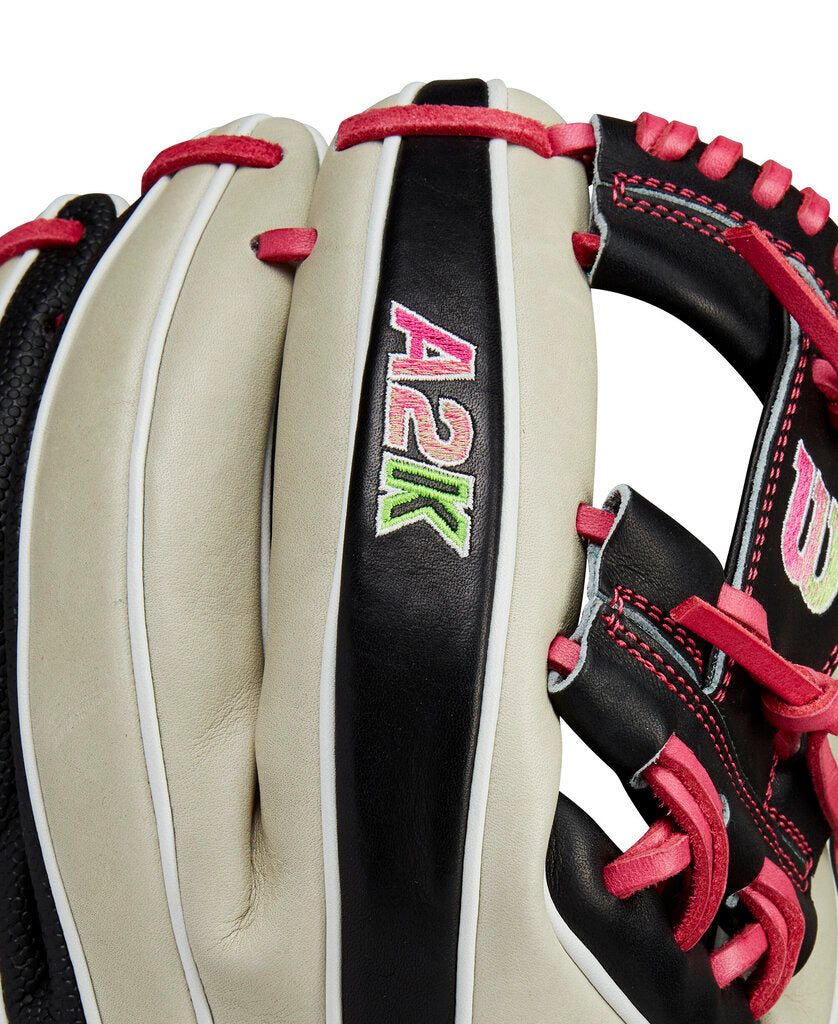 Wilson A2K baseball glove close-up, grey back panel with pink loops, black web.