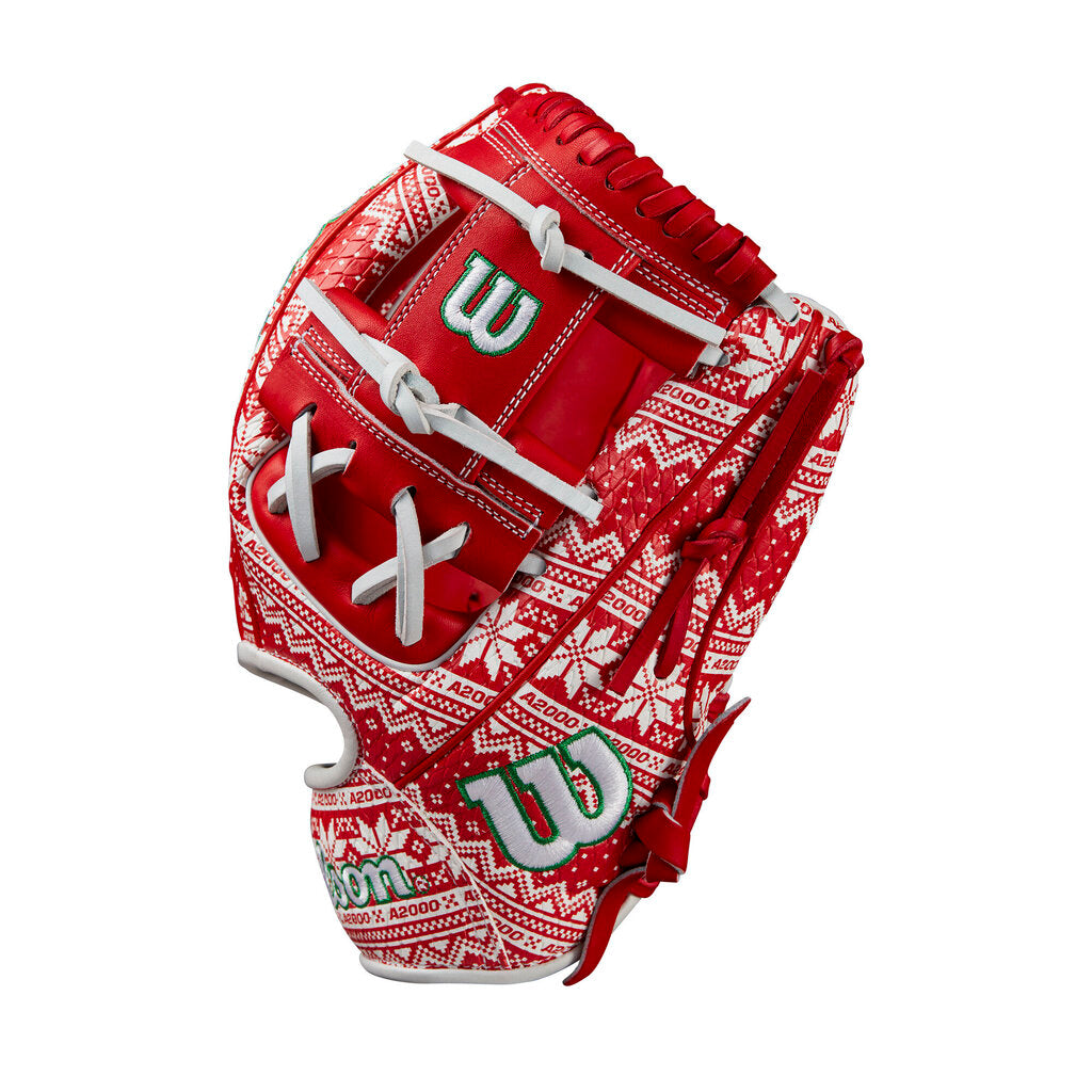 Baseball glove with red wrist strap, white laces, and red patterned shell and web